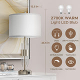 Silver Table Lamp Set of 2 with USB Ports, 3-Way Dim Touch Control